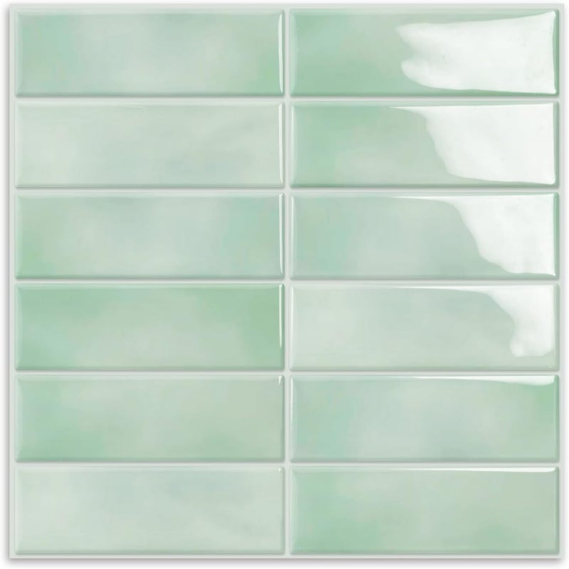 MOONFUN 10 Sheet Peel and Stick Subway Kitchen Backsplash Tiles,3D Rectangle Waterproof Self-Adhesive Wall Tile Stick on Backsplash for Kitchen,Bathroom and Fireplace(Light Green,12"×12") - Image 1